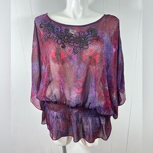 NWT Fashion Bug Plus Size 2X Sheer Sequin Dolman Sleeve Peplum Top Translucid